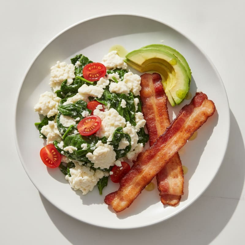 Egg White and Spinach Scramble with Grilled Turkey Bacon