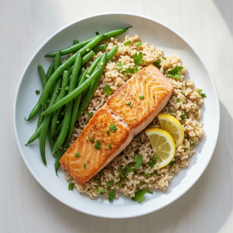 Seared Salmon Fillet with Steamed Green Beans and Herb Rice