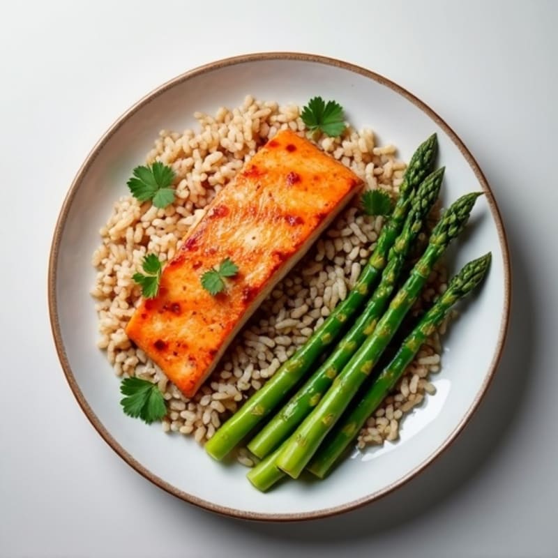 Seared Salmon Fillet with Steamed Asparagus and Brown Rice
