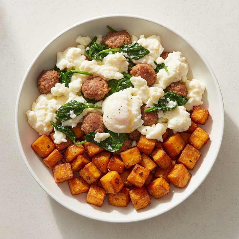 Egg White and Turkey Sausage Scramble with Spinach and Roasted Sweet Potato