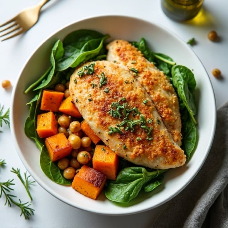 Crispy Lemon Herb Chicken Power Bowl with Roasted Sweet Potatoes and Greens