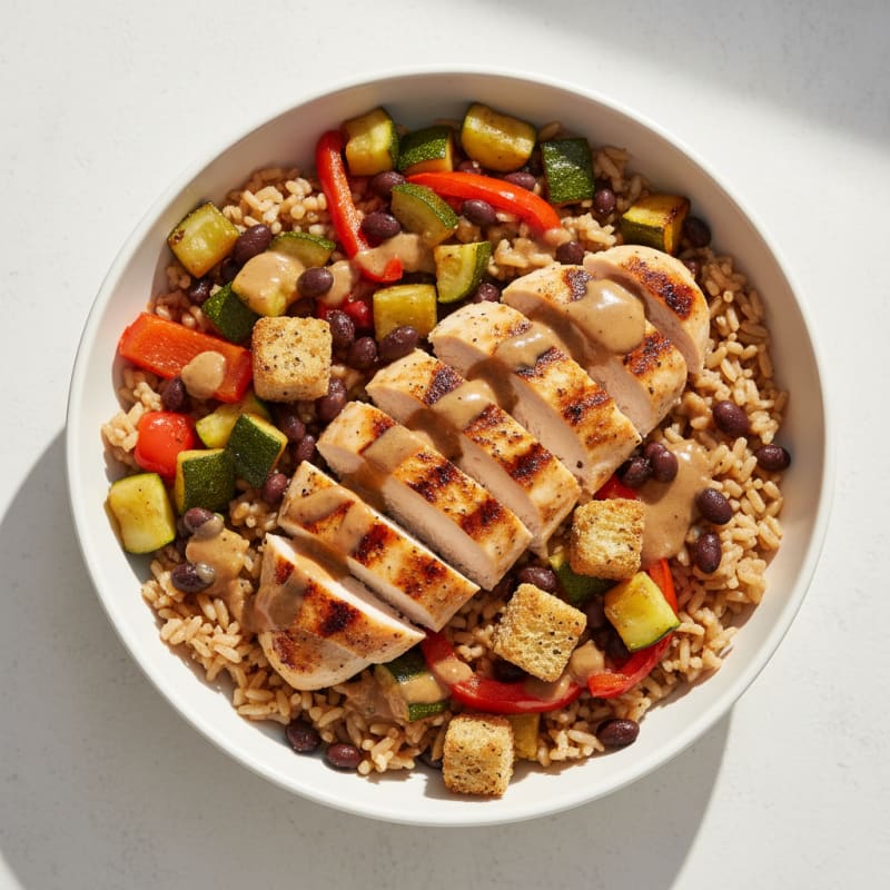 Grilled Chicken and Bean Rice Bowl with Roasted Vegetables