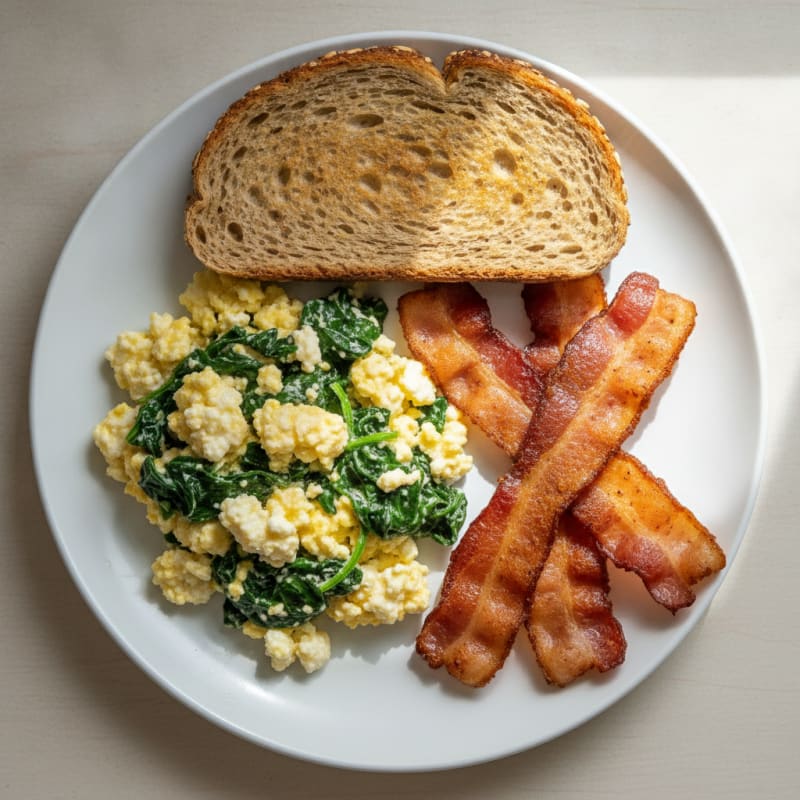 Cottage Cheese Scramble with Sautéed Spinach and Turkey Bacon