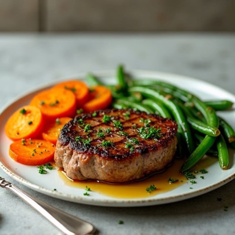 Garlic Herb Pan-Seared Steak with Roasted Sweet Potatoes and Green Beans