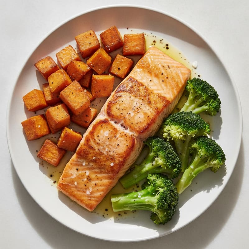 Seared Salmon Fillet with Roasted Sweet Potato and Steamed Broccoli