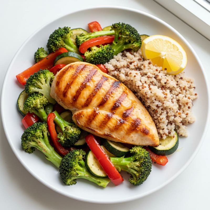 Grilled Chicken Breast with Quinoa and Roasted Mixed Vegetables