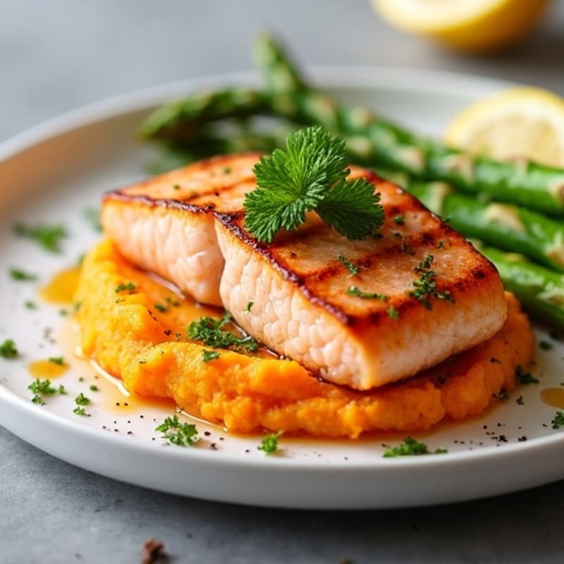 Seared Salmon with Roasted Asparagus and Sweet Potato Mash