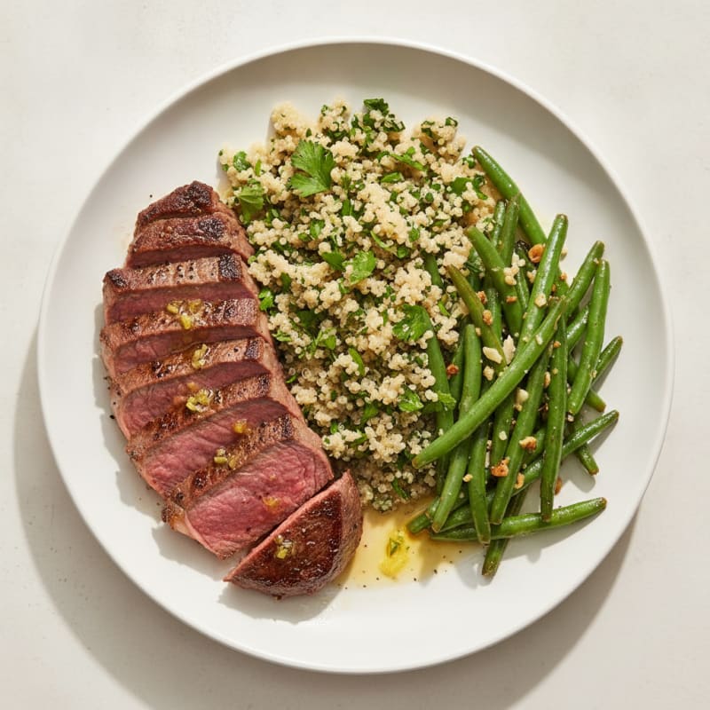 Seared Lean Beef with Herb Quinoa and Garlic Green Beans