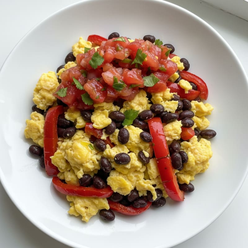 Scrambled Egg and Black Bean Breakfast Bowl with Bell Peppers