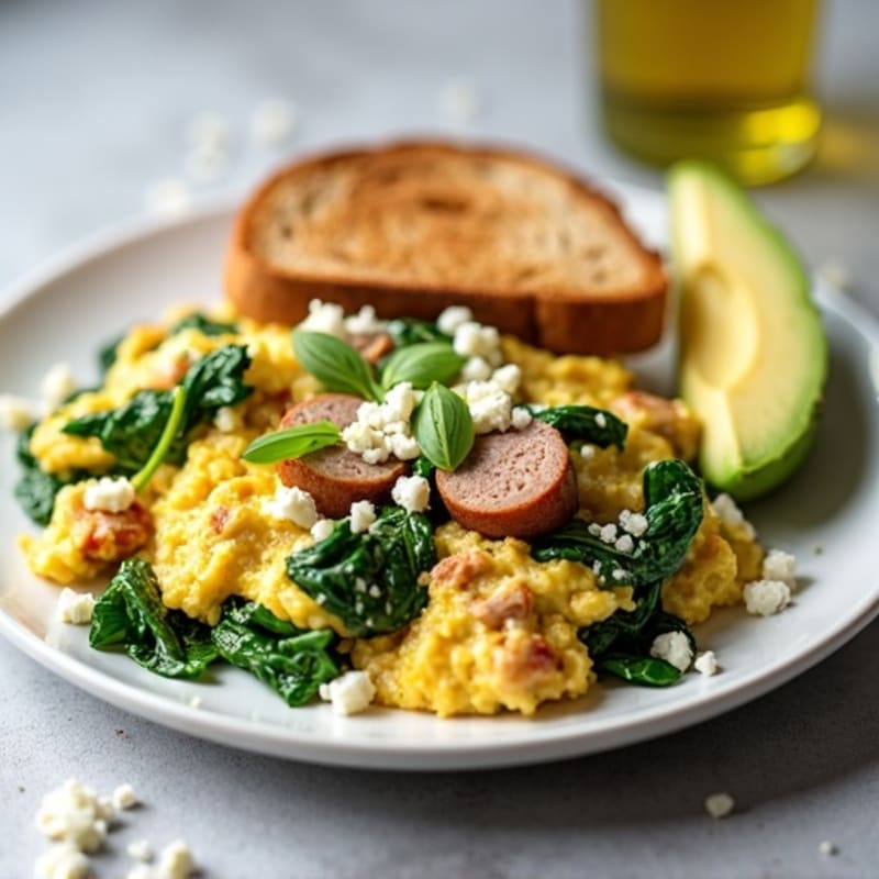 Egg White and Turkey Sausage Scramble with Spinach, Feta, Avocado & Toast