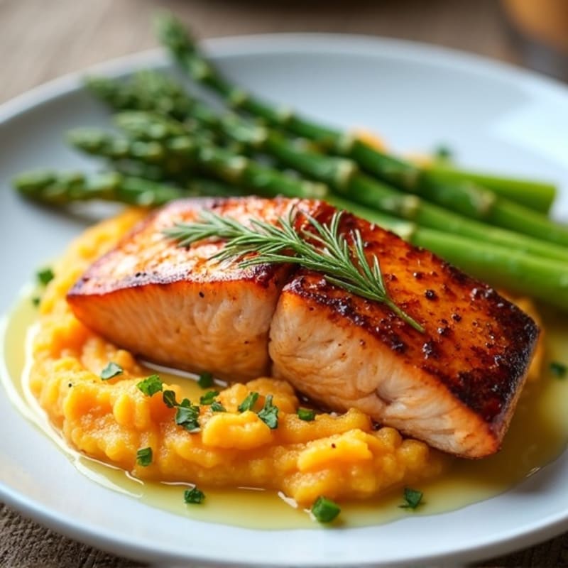 Seared Salmon with Steamed Asparagus and Mashed Sweet Potatoes