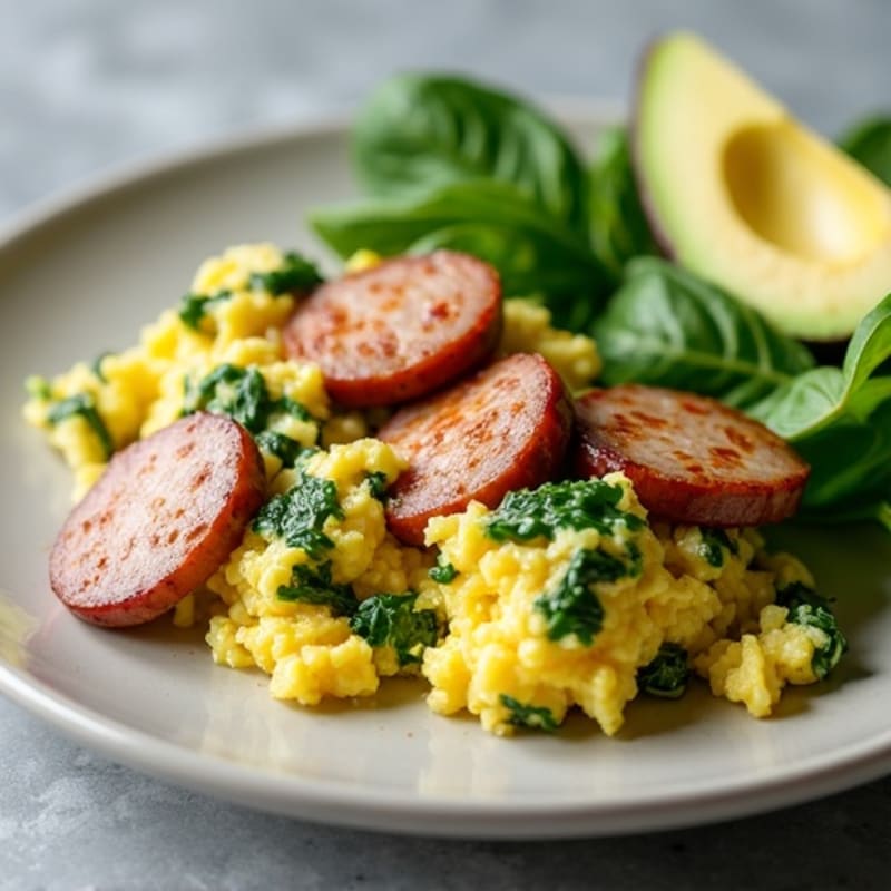 Egg White Spinach Scramble with Turkey Sausage
