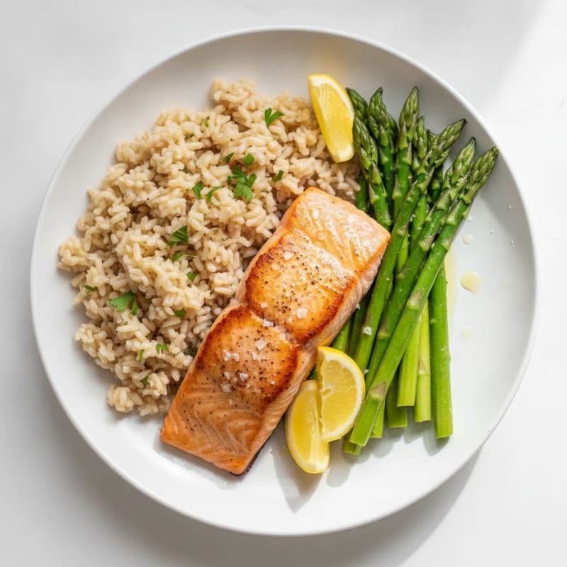 Seared Salmon with Steamed Asparagus and Brown Rice