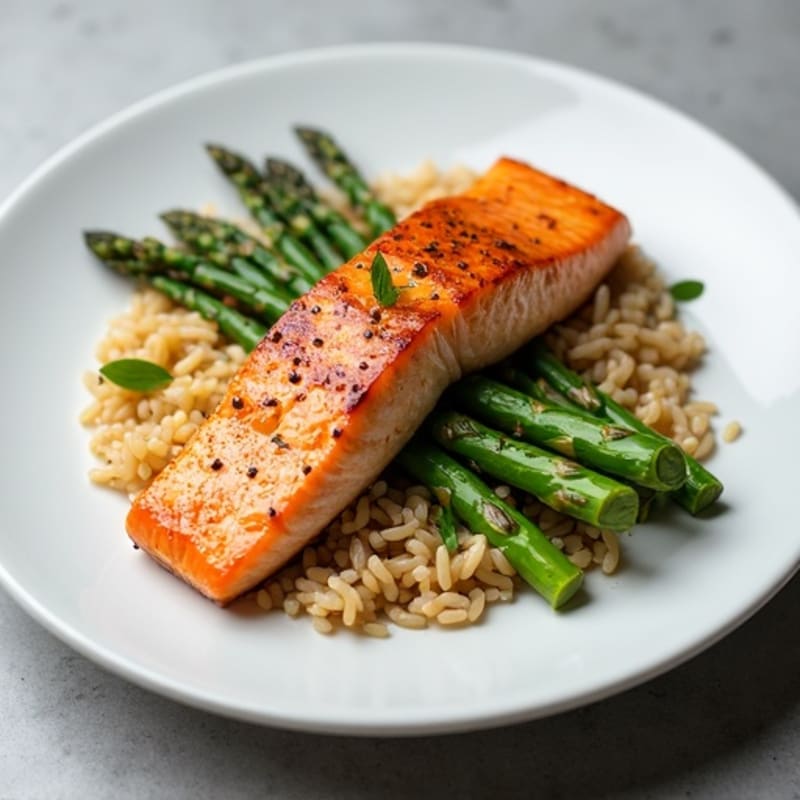 Seared Salmon with Steamed Asparagus and Brown Rice