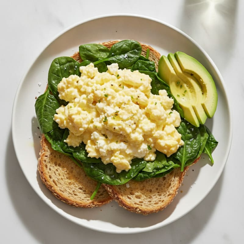 Creamy Scrambled Eggs with Cottage Cheese and Sautéed Spinach