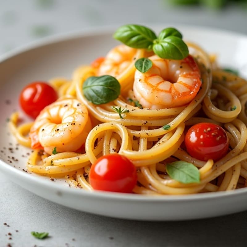 Shrimp and Olive Oil Pasta with Roasted Tomatoes