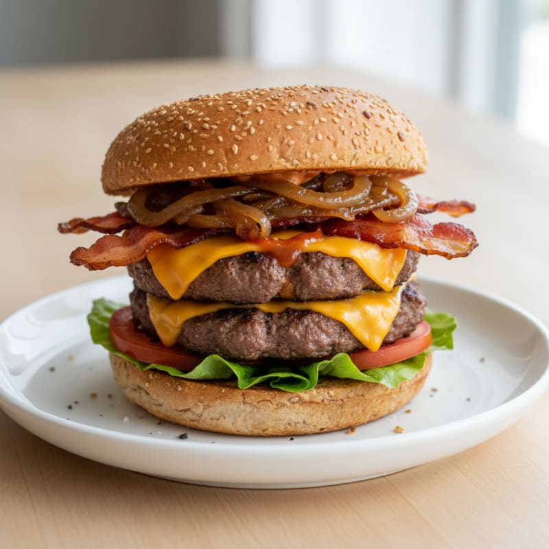 Double Bacon Cheeseburger with Caramelized Onions