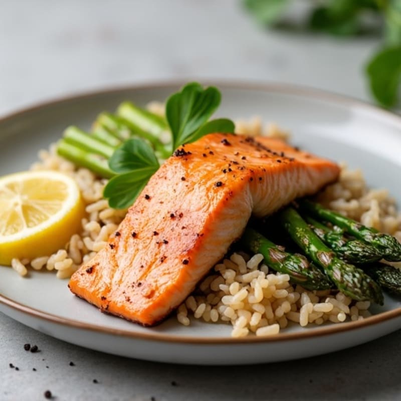 Seared Salmon with Steamed Asparagus and Brown Rice