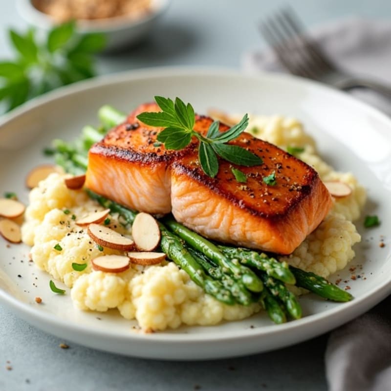 Seared Salmon with Steamed Asparagus and Cauliflower Mash