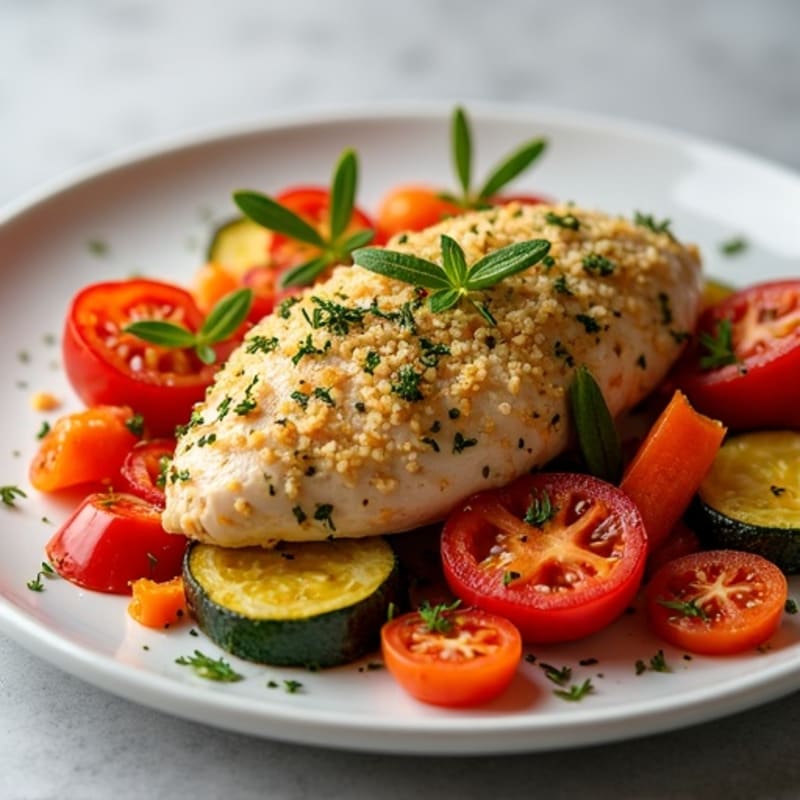 Herb-Crusted Sheet Pan Chicken with Roasted Rainbow Vegetables