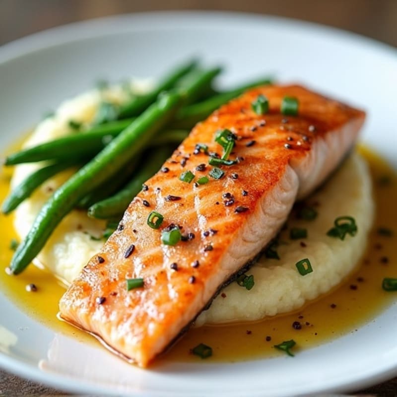 Seared Salmon Fillet with Garlic Green Beans and Cauliflower Mash