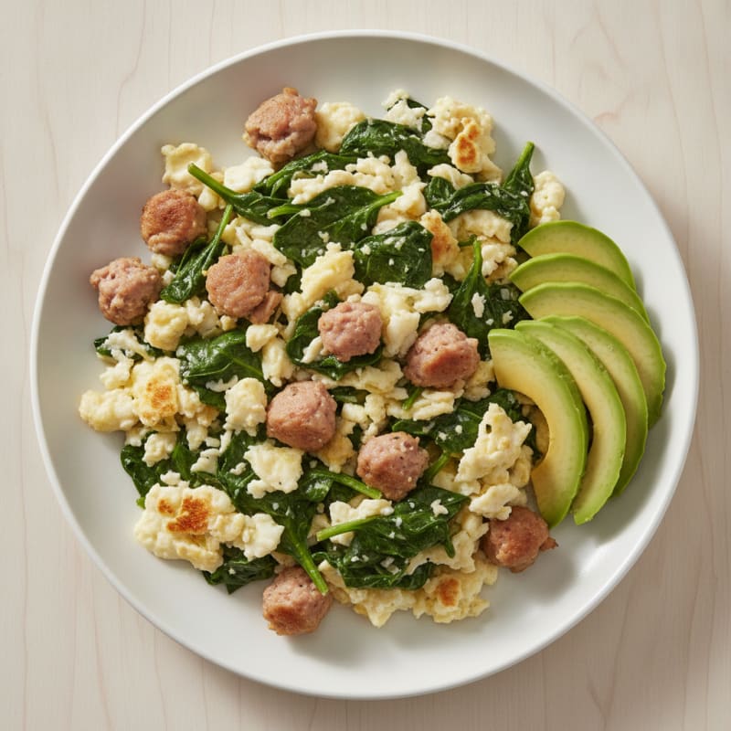 Egg White and Turkey Sausage Scramble with Sautéed Spinach