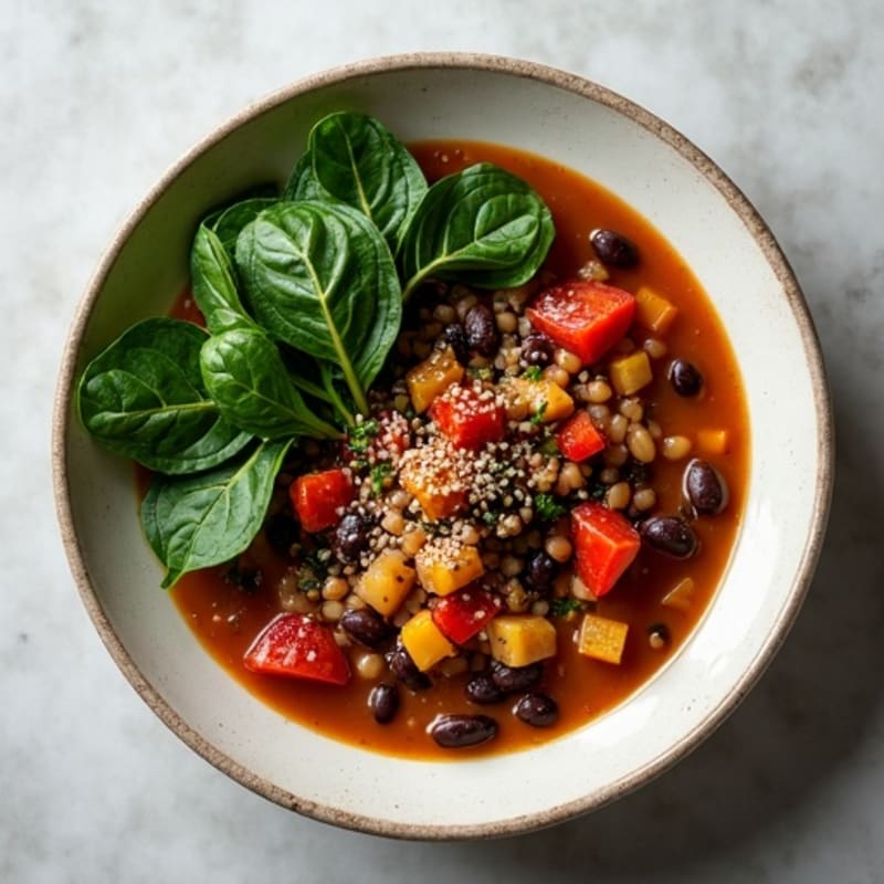 Lentil and Black Bean Stew with Sautéed Spinach and Hemp Seeds