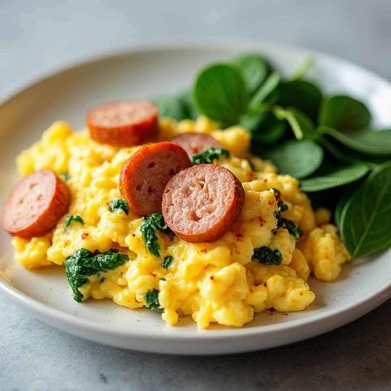 Creamy Scrambled Eggs with Fresh Spinach and Savory Turkey Sausage