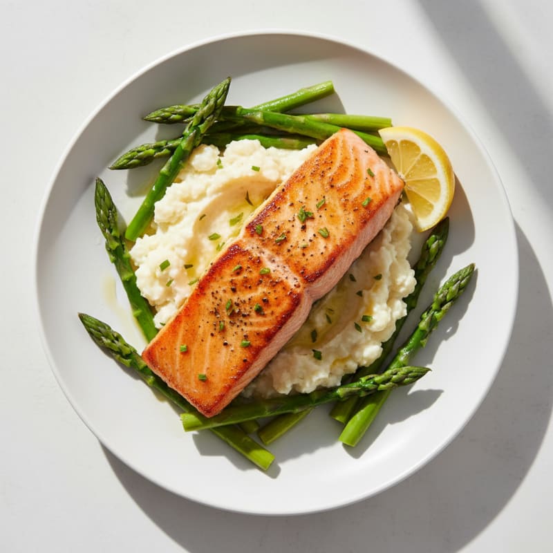 Seared Salmon Fillet with Steamed Asparagus and Cauliflower Mash