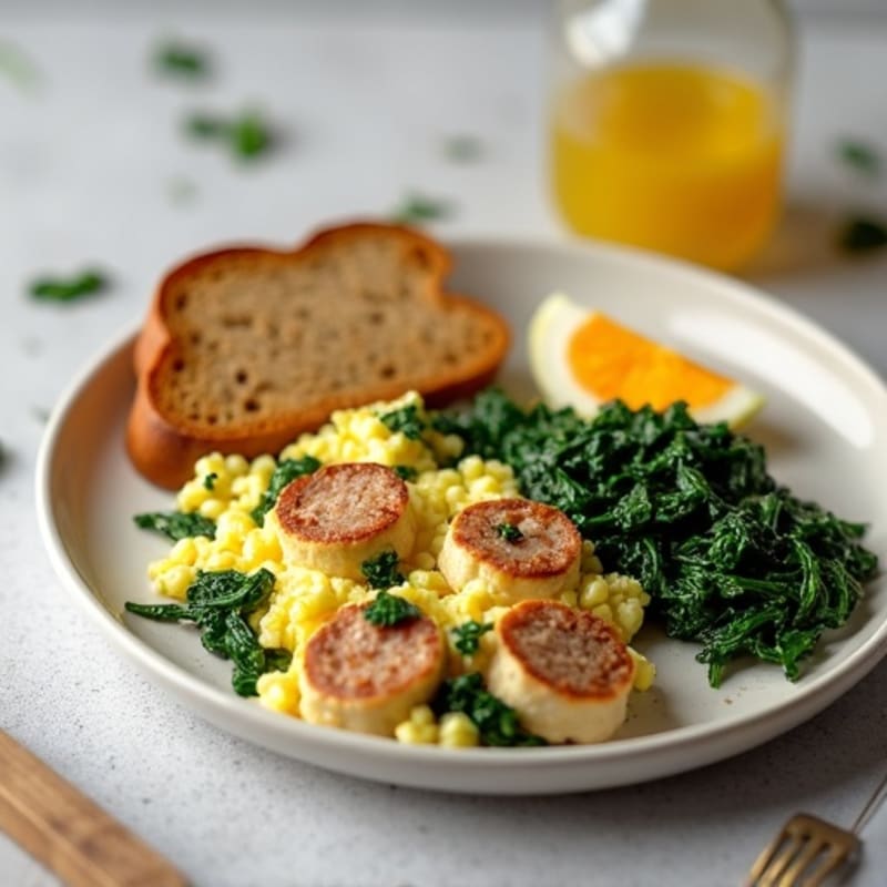 Egg White Scramble with Turkey Sausage and Sautéed Spinach