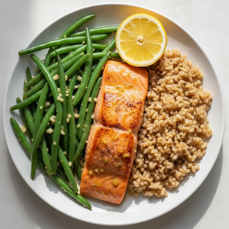 Baked Salmon with Lemon-Garlic Green Beans and Brown Rice
