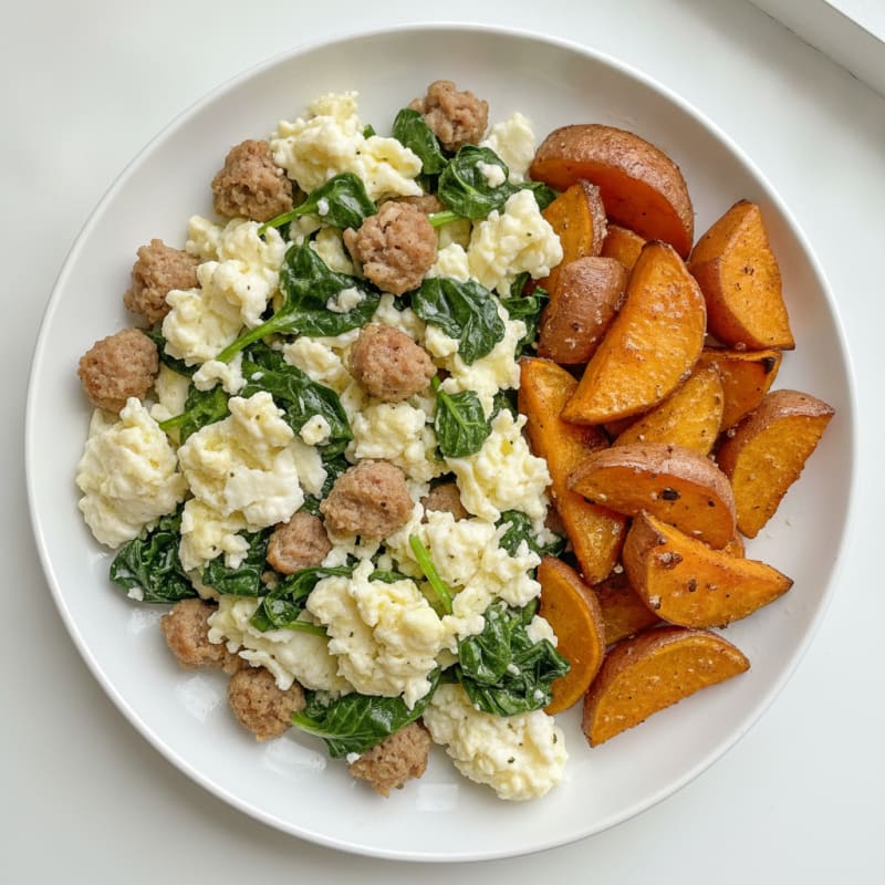 Egg White and Turkey Sausage Scramble with Spinach and Roasted Sweet Potato