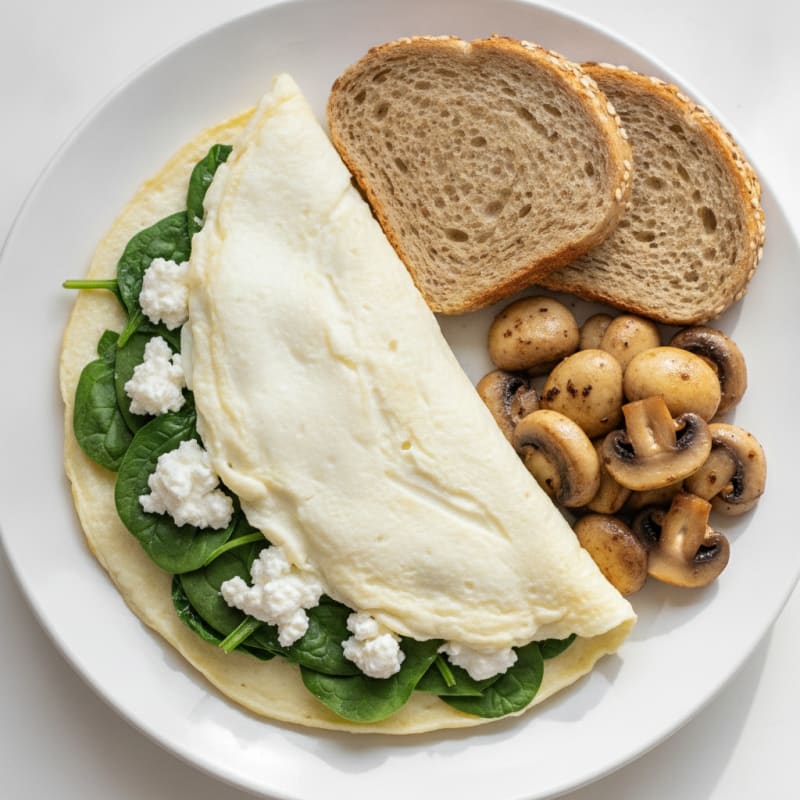 Egg White Spinach Omelette with Cottage Cheese and Sautéed Mushrooms