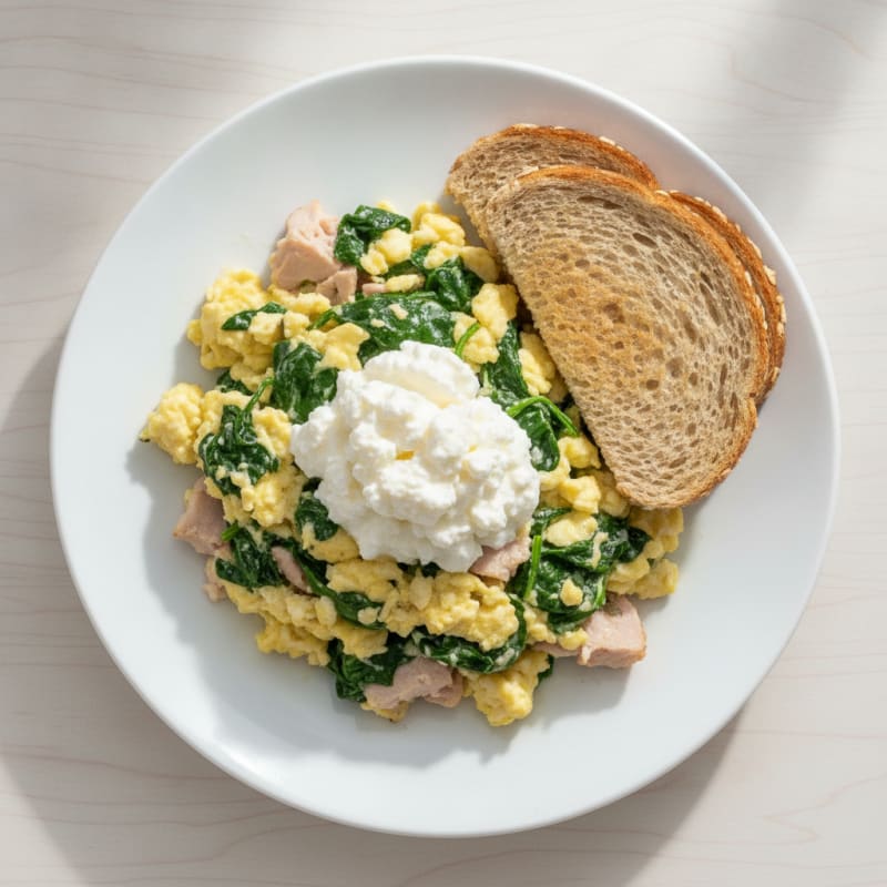 Egg White and Spinach Scramble with Cottage Cheese and Sliced Turkey
