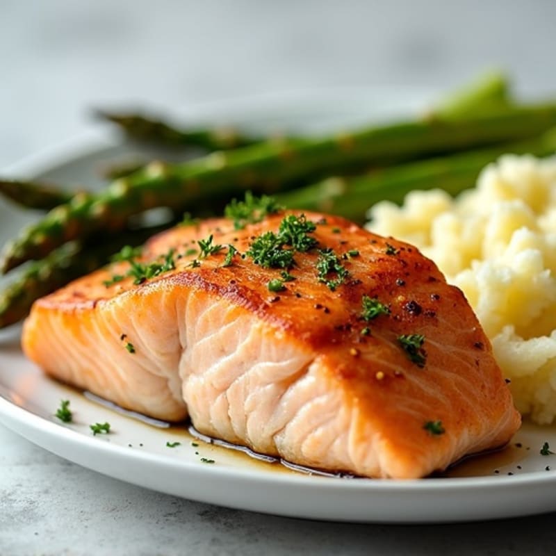 Seared Salmon with Steamed Asparagus and Garlic Mashed Potatoes
