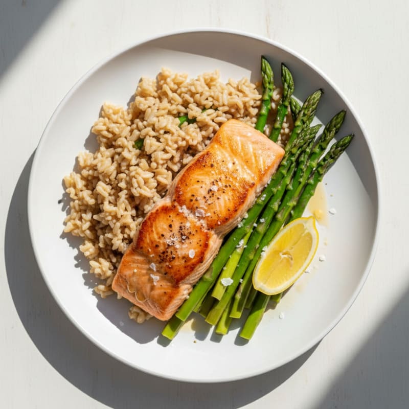 Seared Salmon Fillet with Steamed Asparagus and Brown Rice