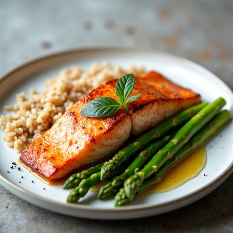 Seared Salmon Fillet with Steamed Asparagus and Brown Rice