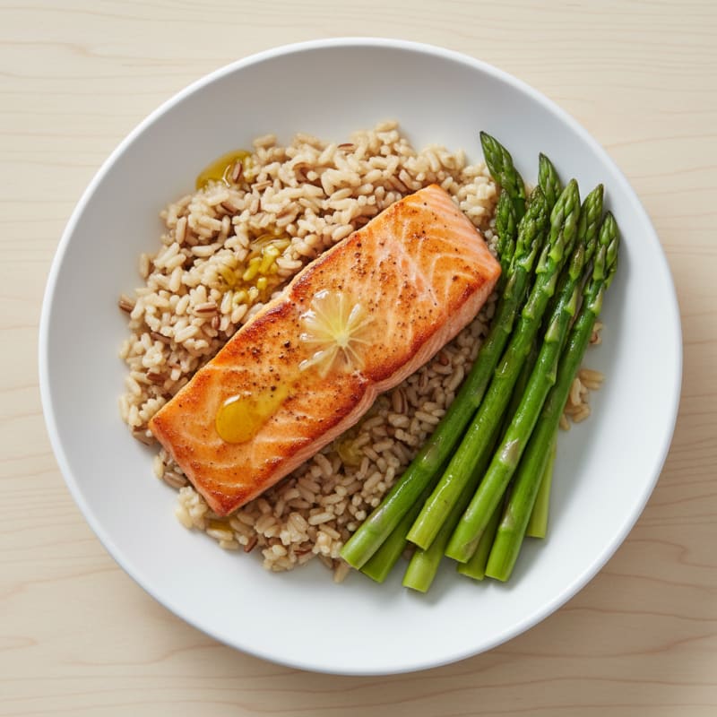 Seared Salmon Fillet with Steamed Asparagus and Brown Rice