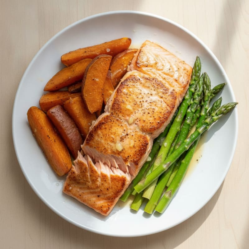 Seared Salmon with Roasted Sweet Potato and Asparagus