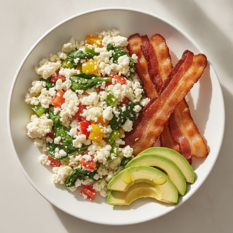Egg White Veggie Scramble with Cottage Cheese and Turkey Bacon