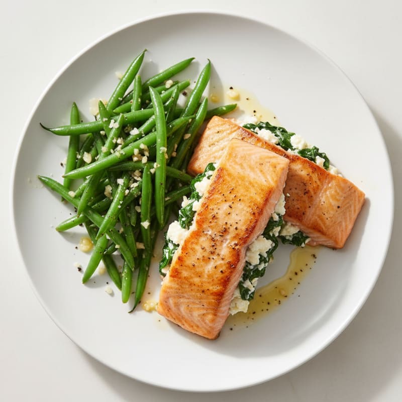 Golden Spinach-Stuffed Salmon with Zesty Green Beans
