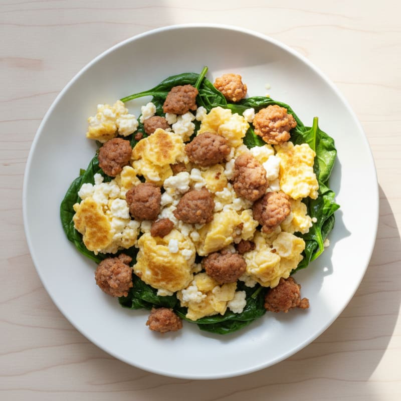 Cottage Cheese Scramble with Turkey Sausage and Sautéed Spinach
