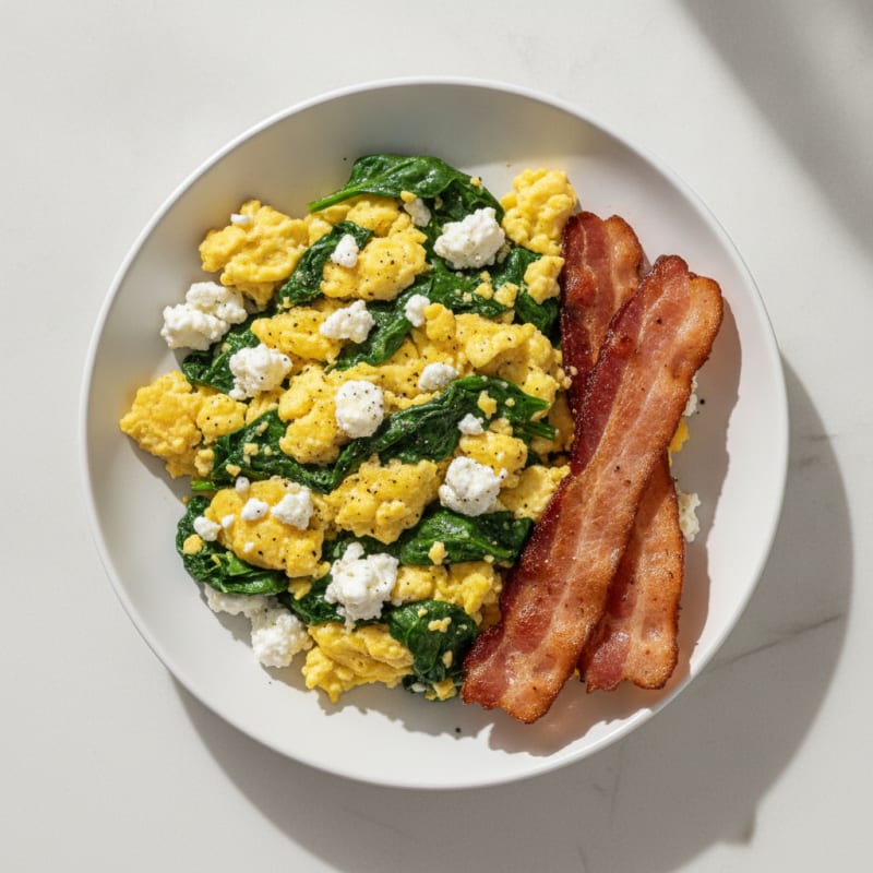 Cottage Cheese Egg Scramble with Spinach and Turkey Bacon