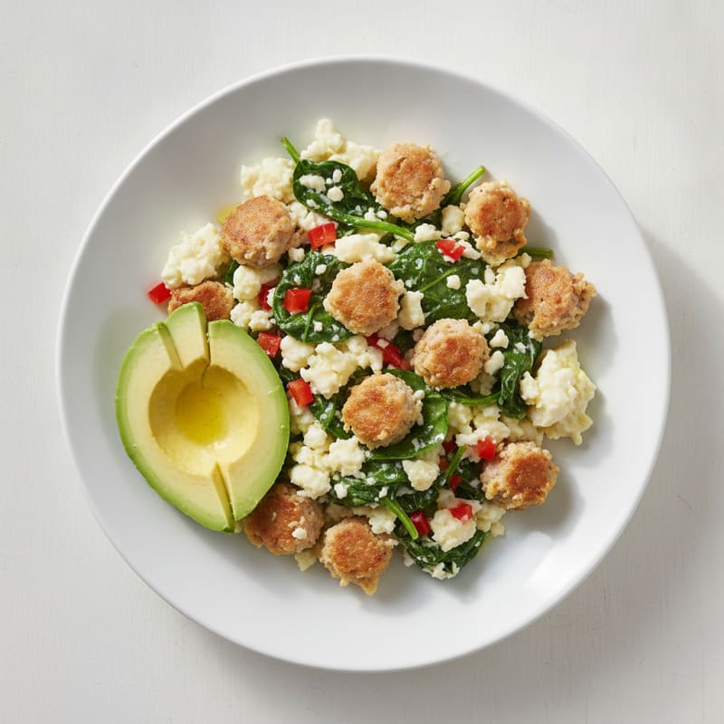 Egg White and Turkey Sausage Scramble with Sautéed Spinach
