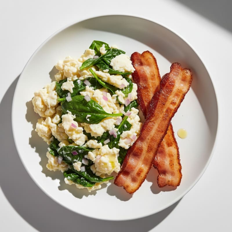 Egg White Scramble with Spinach and Grilled Turkey Bacon