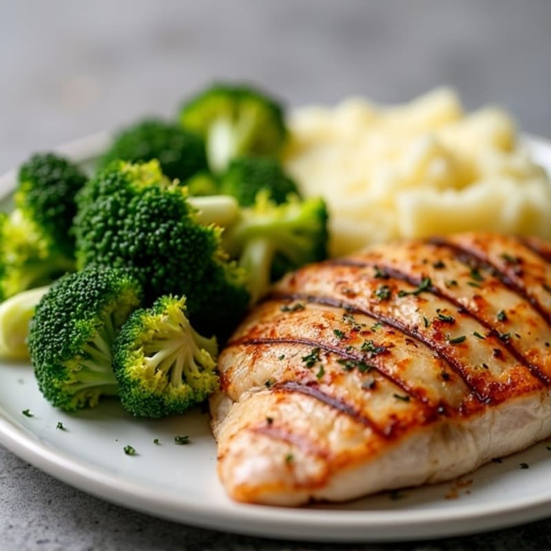 Seared Turkey Breast with Roasted Broccoli and Garlic Mash