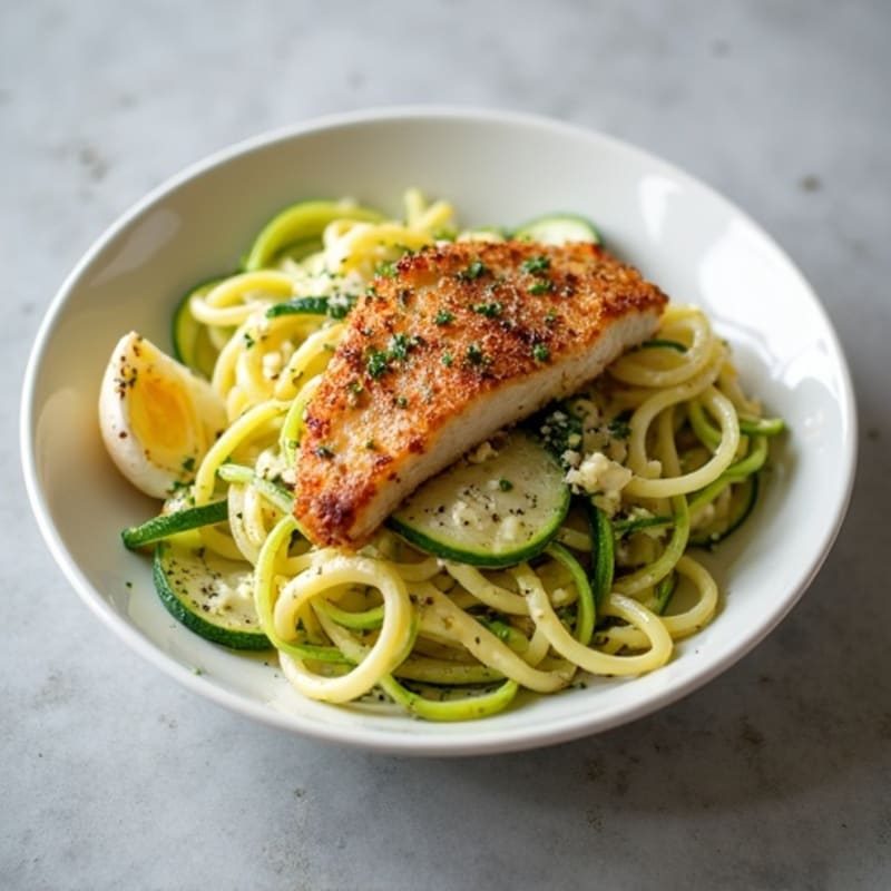 Zucchini Noodle Carbonara with Crispy Chicken