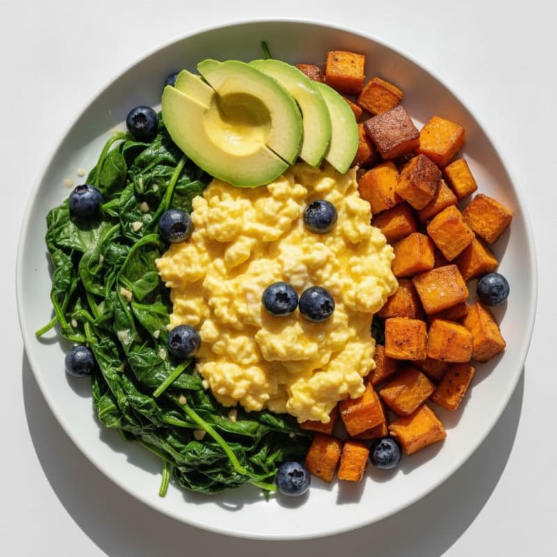 Scrambled Eggs with Sautéed Spinach and Roasted Sweet Potato