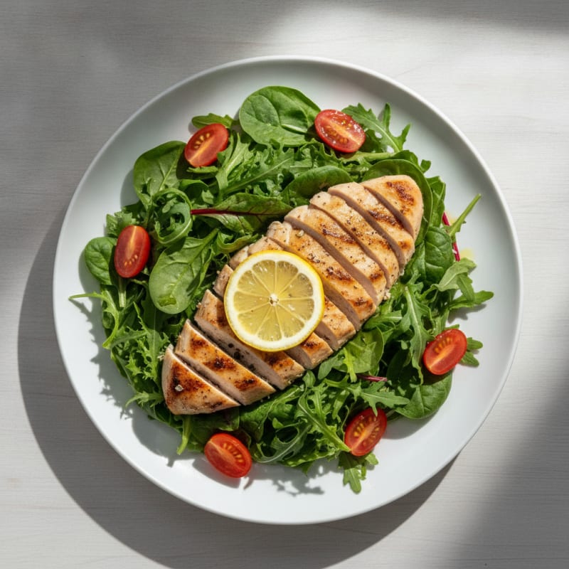 Grilled Chicken Breast over Mixed Greens with Cherry Tomatoes