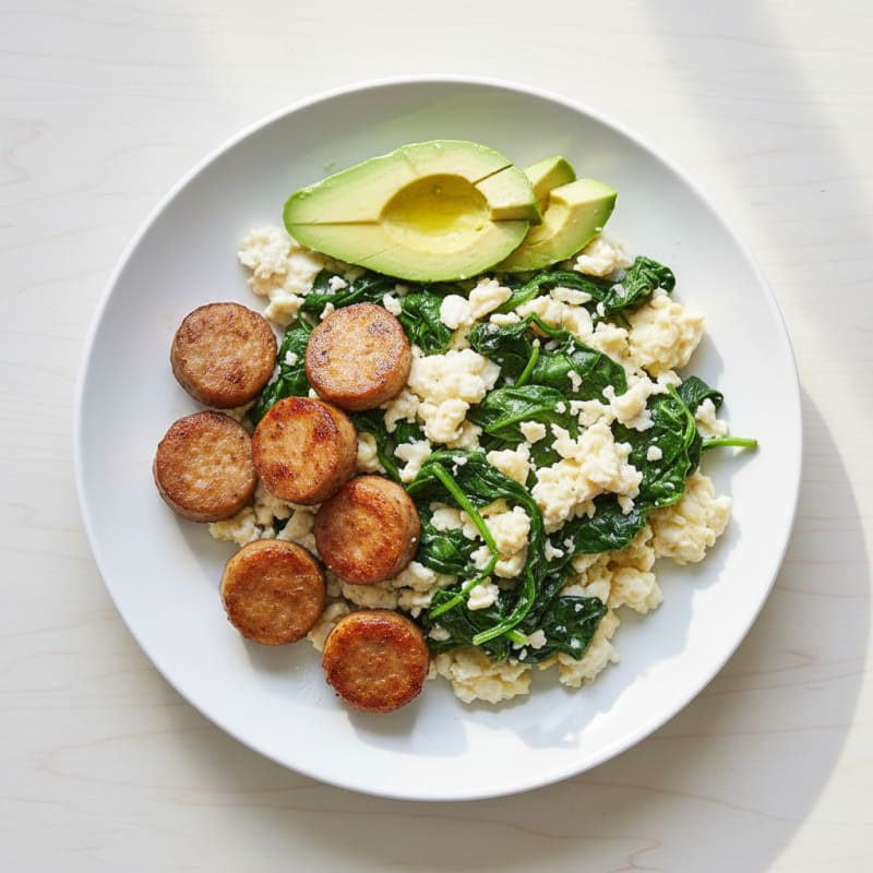 Egg White Scramble with Turkey Sausage and Sautéed Spinach